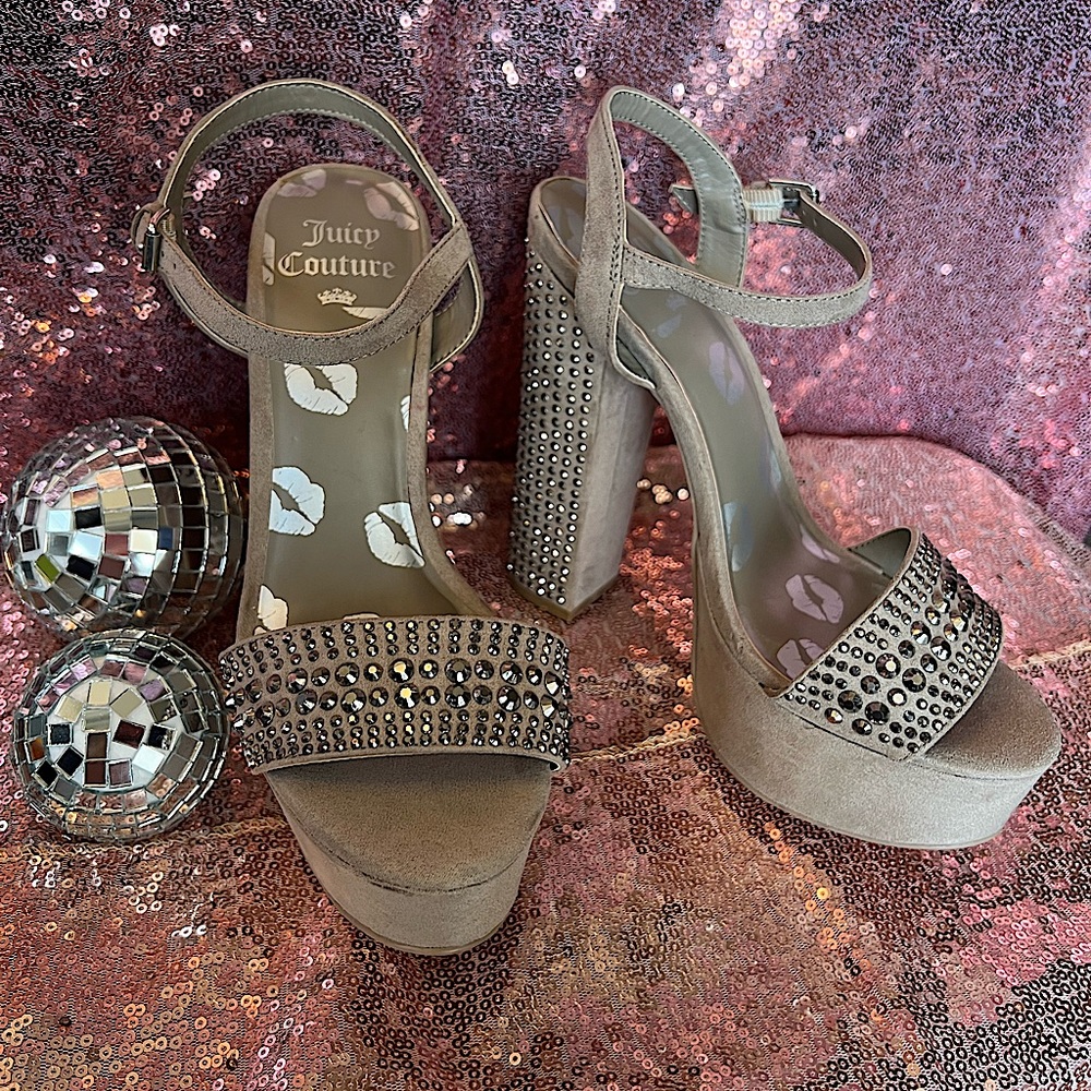 Juicy Couture Y2K Heels | Rhinestone Suede Platform Heels | Color: Nude | Size 7